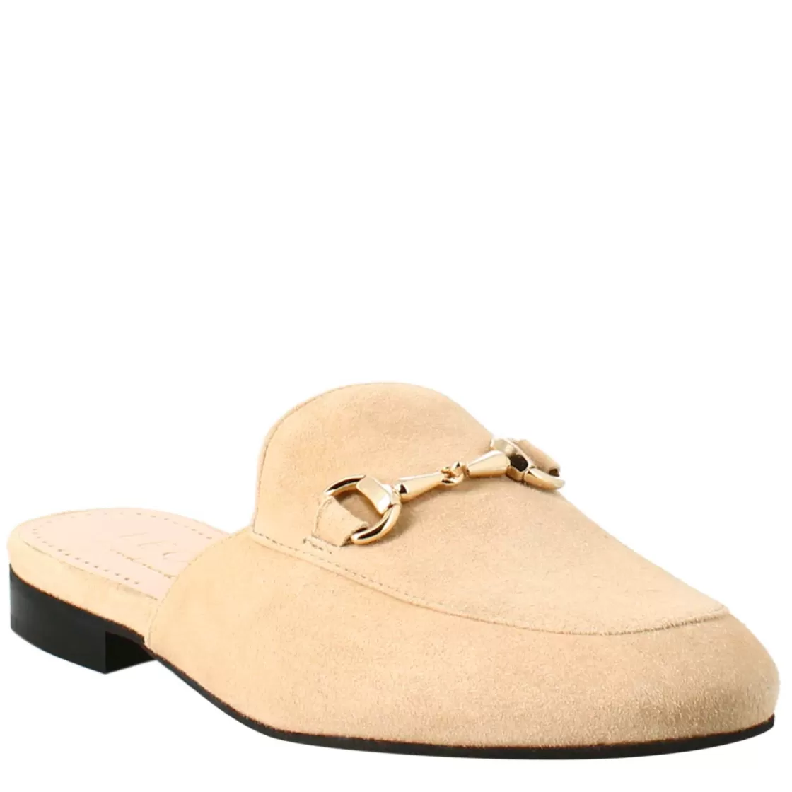 Discount Leonardo Shoes Sabot Da Donna In Pelle Scamosciata Con Fibbia Oro Beige