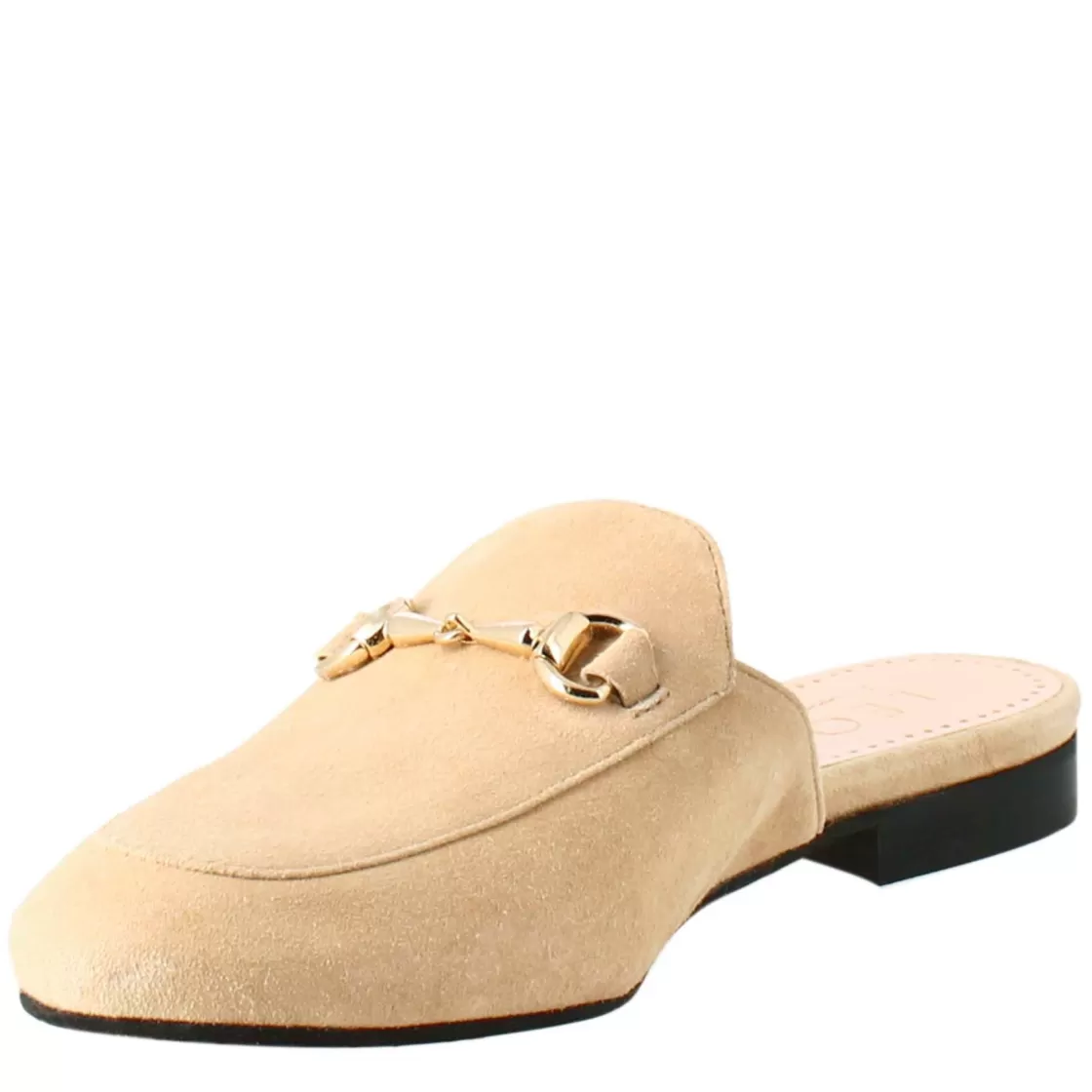 Discount Leonardo Shoes Sabot Da Donna In Pelle Scamosciata Con Fibbia Oro Beige