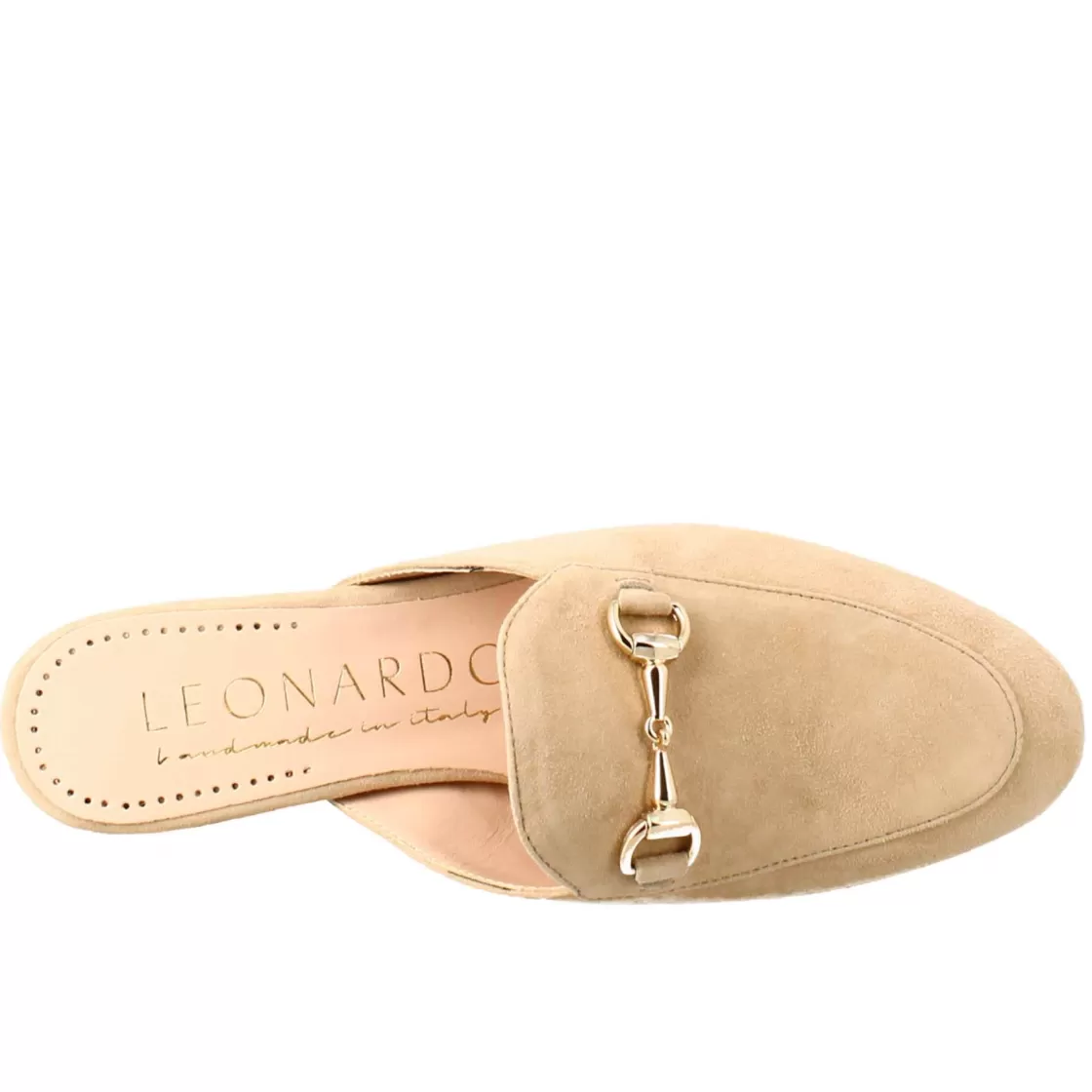 Discount Leonardo Shoes Sabot Da Donna In Pelle Scamosciata Con Fibbia Oro Beige