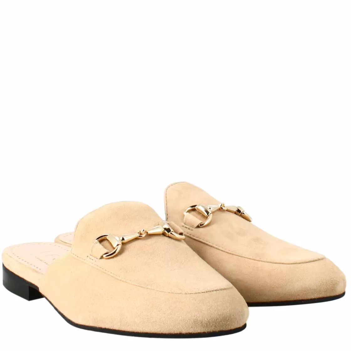 Discount Leonardo Shoes Sabot Da Donna In Pelle Scamosciata Con Fibbia Oro Beige