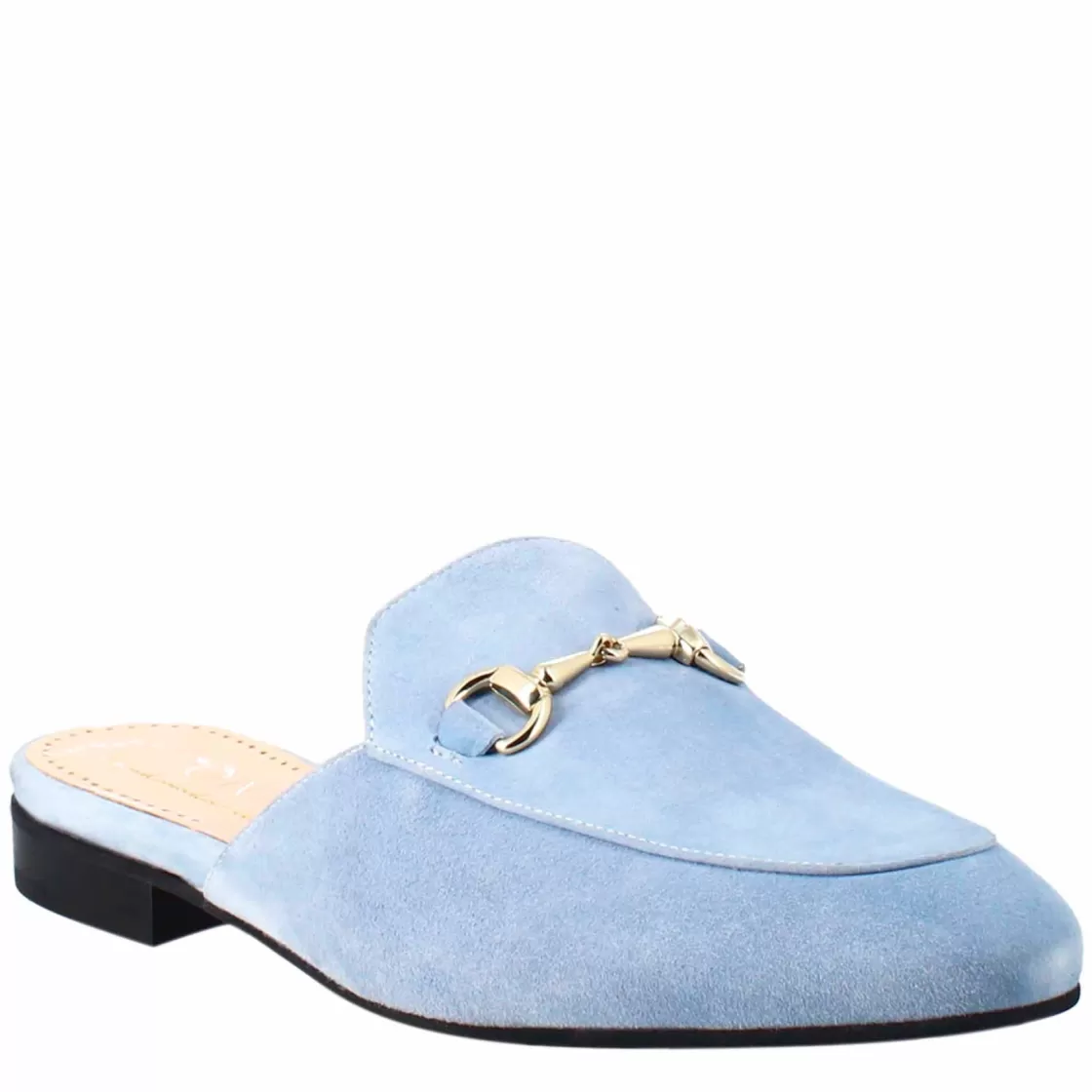 Cheap Leonardo Shoes Sabot Da Donna In Pelle Scamosciata Con Fibbia Oro Celeste