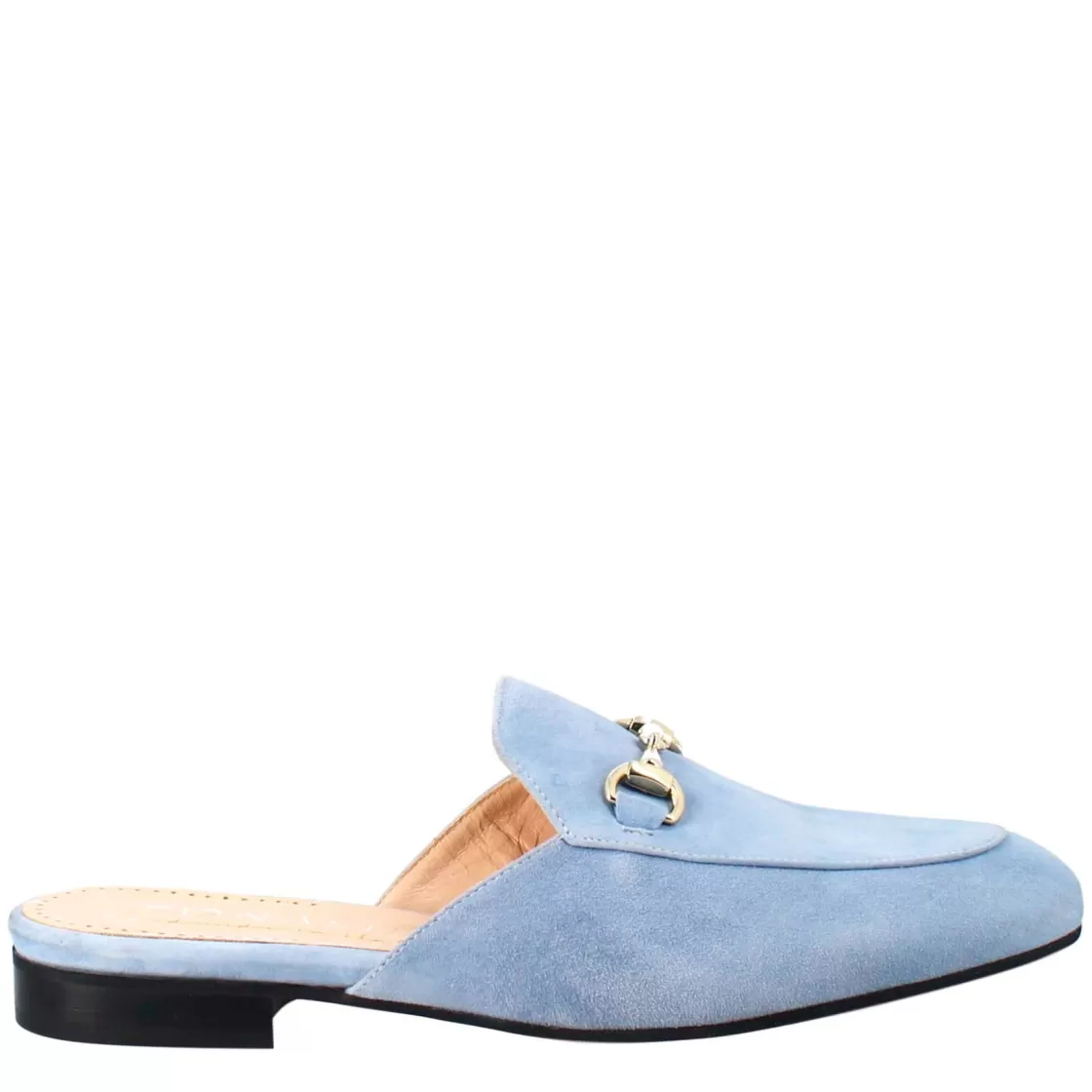Cheap Leonardo Shoes Sabot Da Donna In Pelle Scamosciata Con Fibbia Oro Celeste