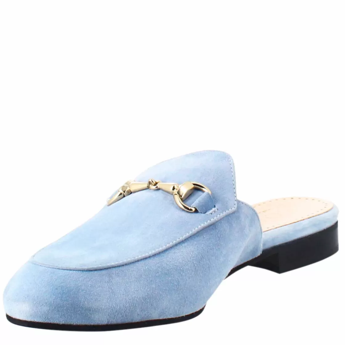 Cheap Leonardo Shoes Sabot Da Donna In Pelle Scamosciata Con Fibbia Oro Celeste
