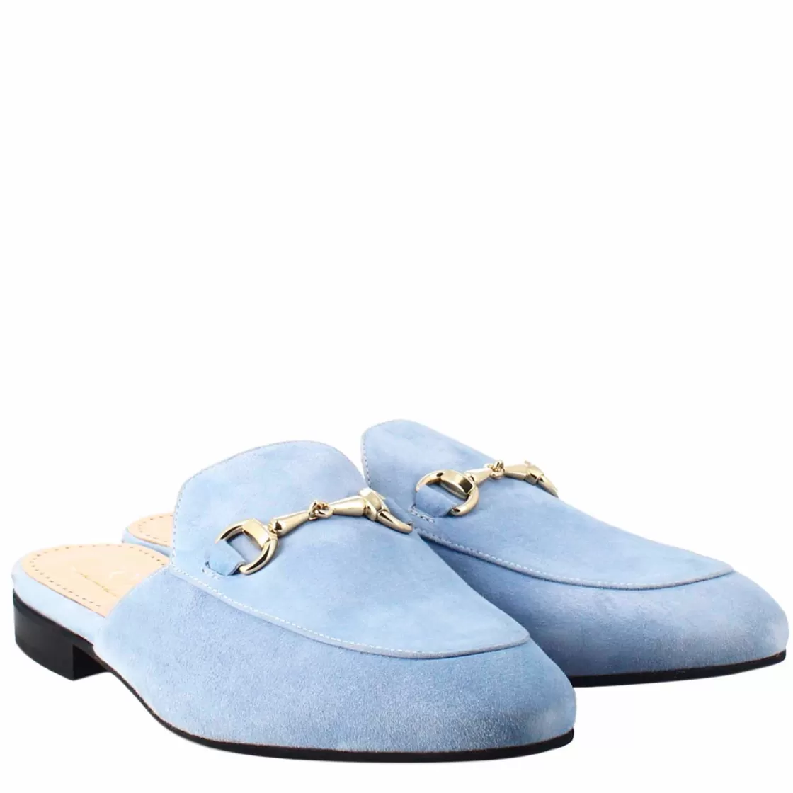 Cheap Leonardo Shoes Sabot Da Donna In Pelle Scamosciata Con Fibbia Oro Celeste