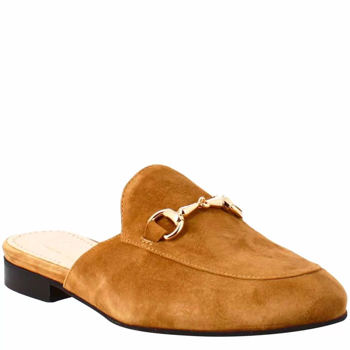 Cheap Leonardo Shoes Sabot Da Donna In Pelle Scamosciata Con Fibbia Oro Marrone Chiaro