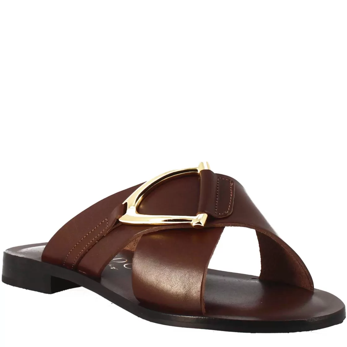 Clearance Leonardo Shoes Sandali Bassi Ciabatta Da Donna Fatti A Mano In Pelle Color Cuoio Con Fibbia Dorata Marrone