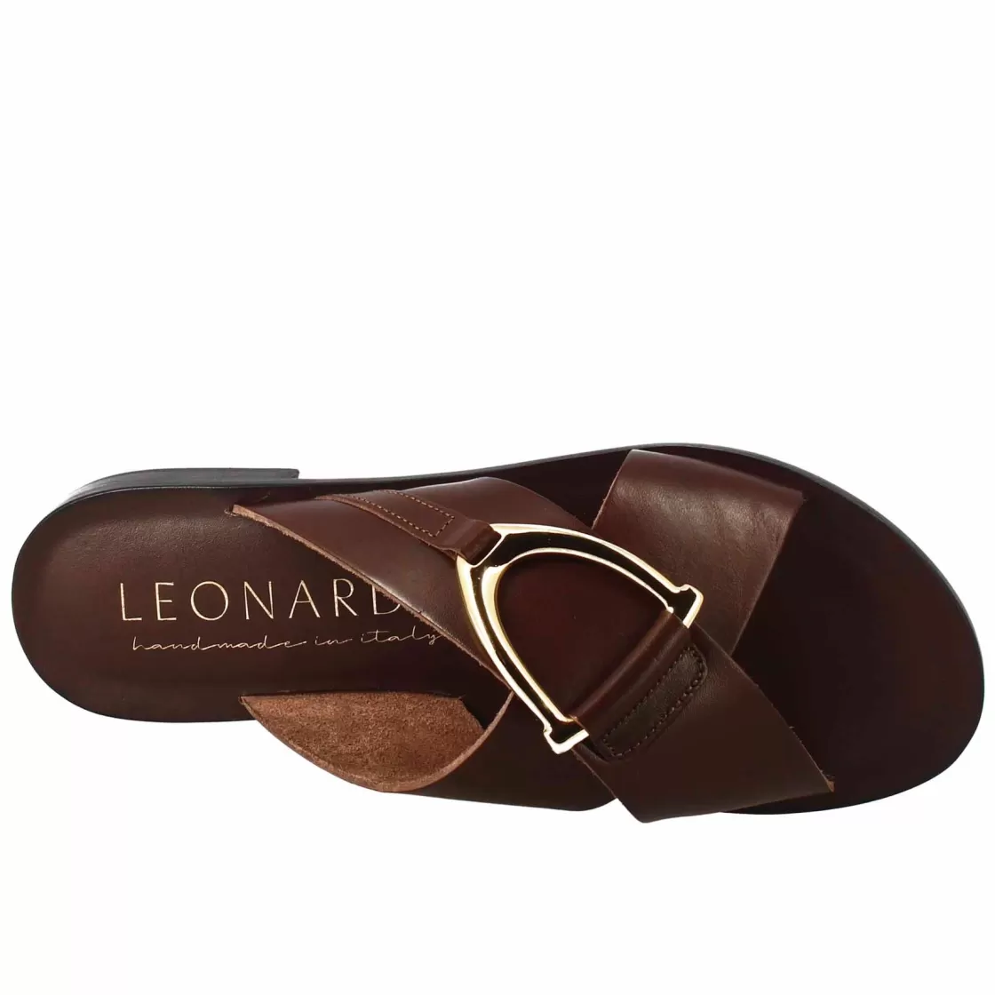 Clearance Leonardo Shoes Sandali Bassi Ciabatta Da Donna Fatti A Mano In Pelle Color Cuoio Con Fibbia Dorata Marrone