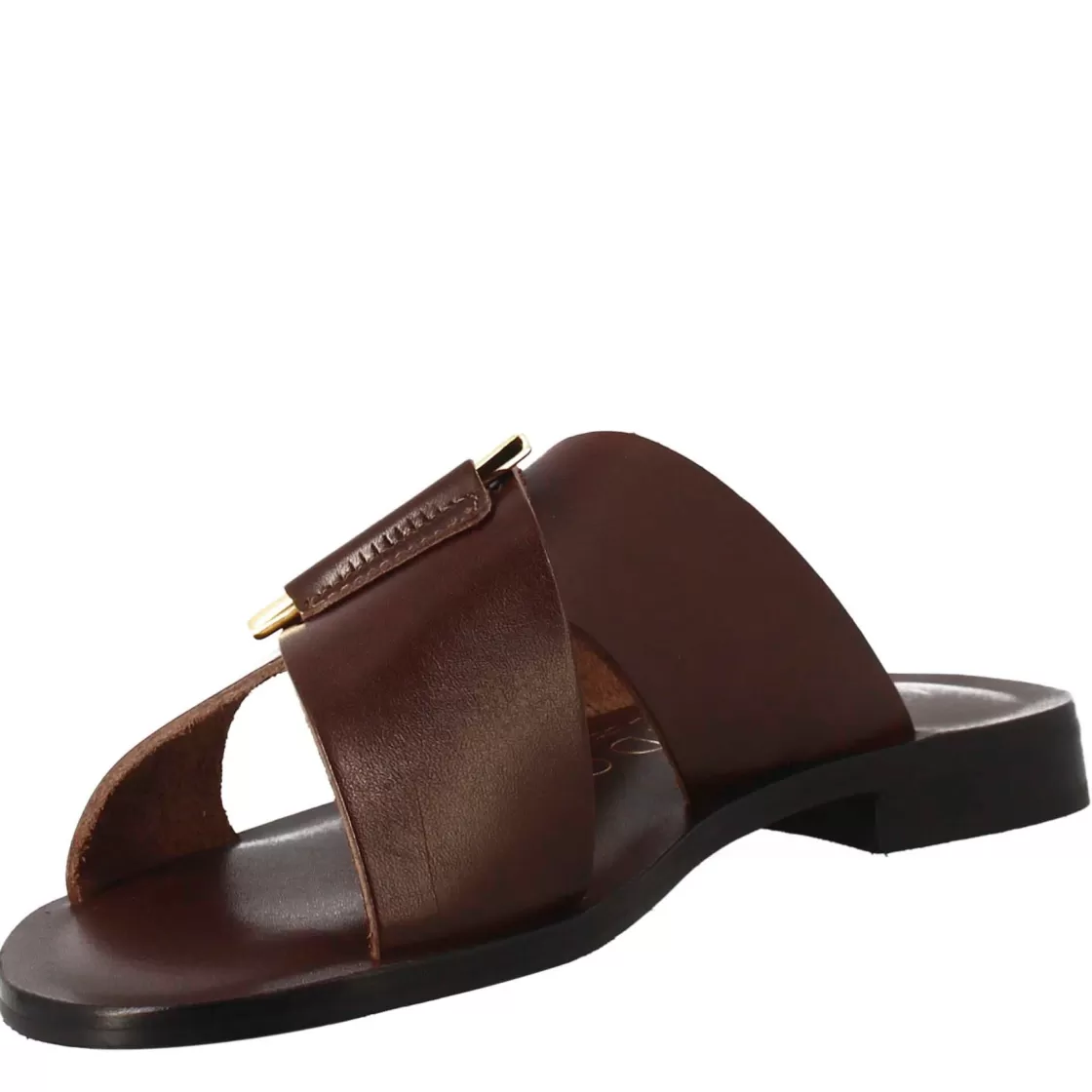 Clearance Leonardo Shoes Sandali Bassi Ciabatta Da Donna Fatti A Mano In Pelle Color Cuoio Con Fibbia Dorata Marrone