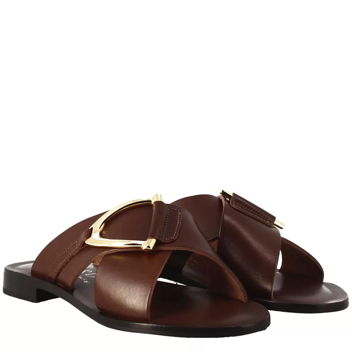 Clearance Leonardo Shoes Sandali Bassi Ciabatta Da Donna Fatti A Mano In Pelle Color Cuoio Con Fibbia Dorata Marrone