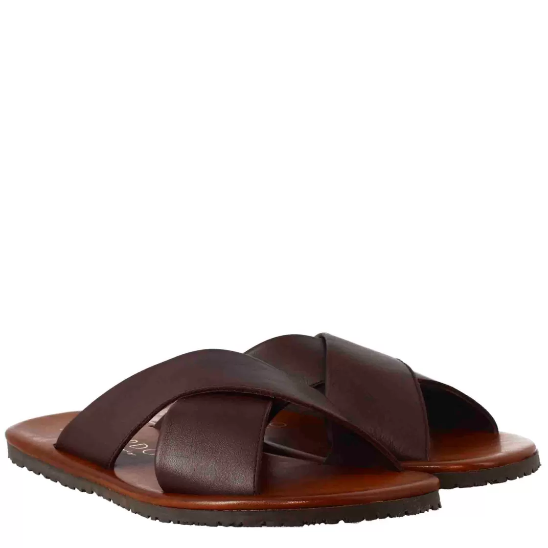 Discount Leonardo Shoes Sandali Ciabatta Con Fasce Incrociate Da Uomo Fatti A Mano In Pelle Marrone