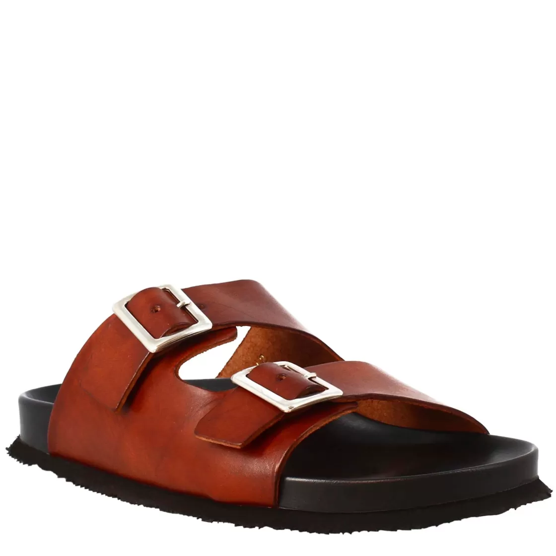 Shop Leonardo Shoes Sandali Doppia Fibbia Da Uomo In Pelle Aperti Dietro Marrone