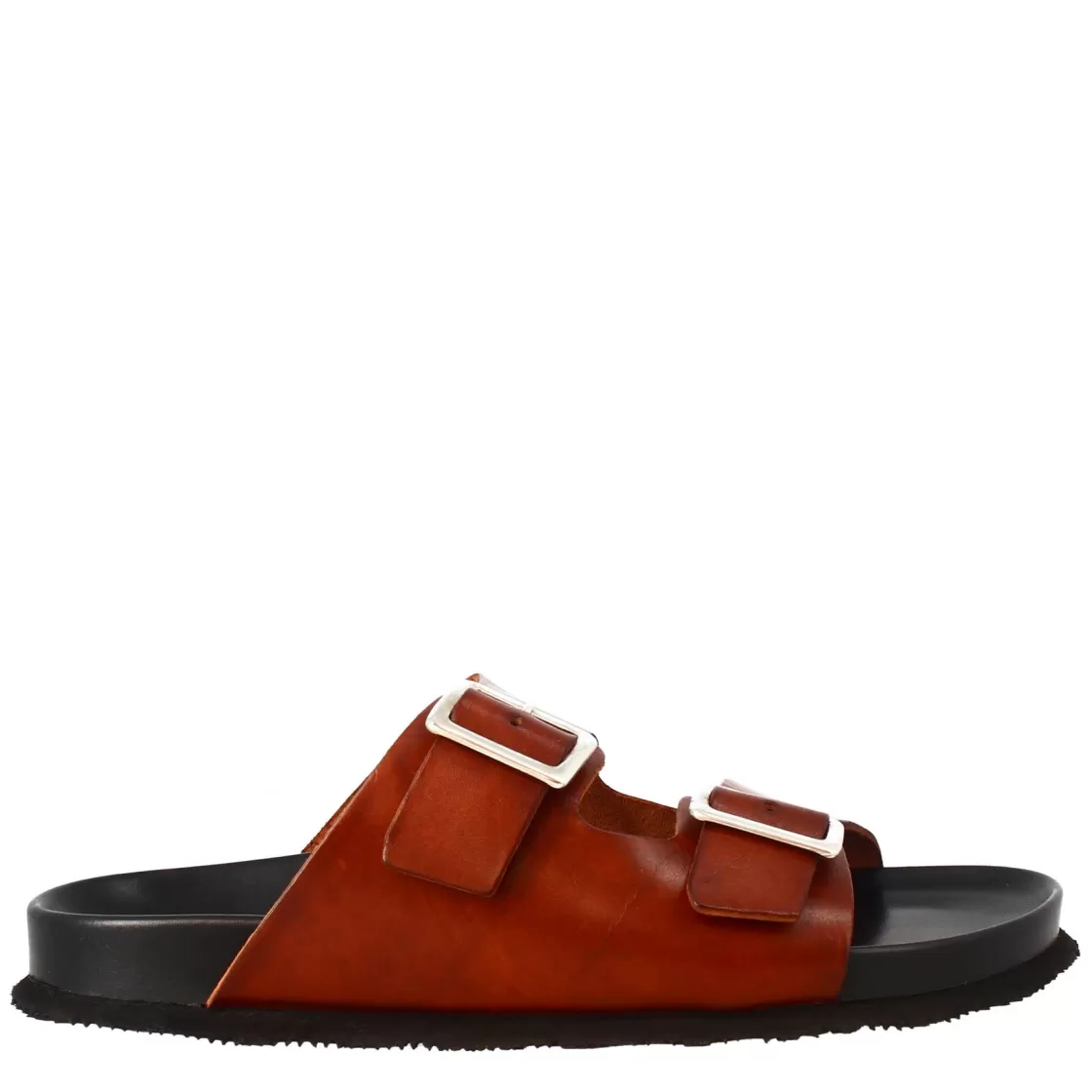 Shop Leonardo Shoes Sandali Doppia Fibbia Da Uomo In Pelle Aperti Dietro Marrone