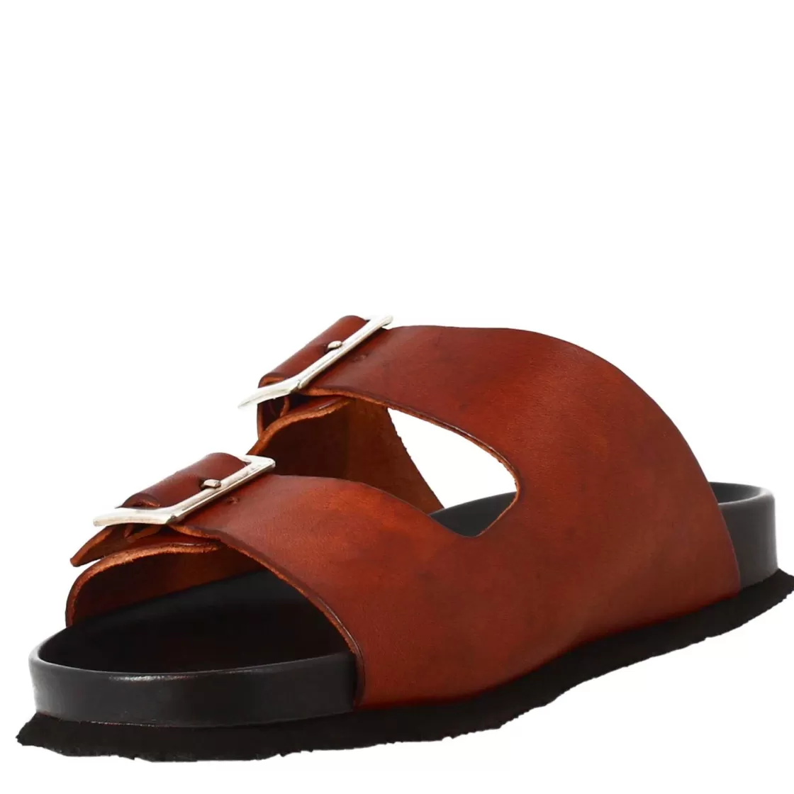 Shop Leonardo Shoes Sandali Doppia Fibbia Da Uomo In Pelle Aperti Dietro Marrone