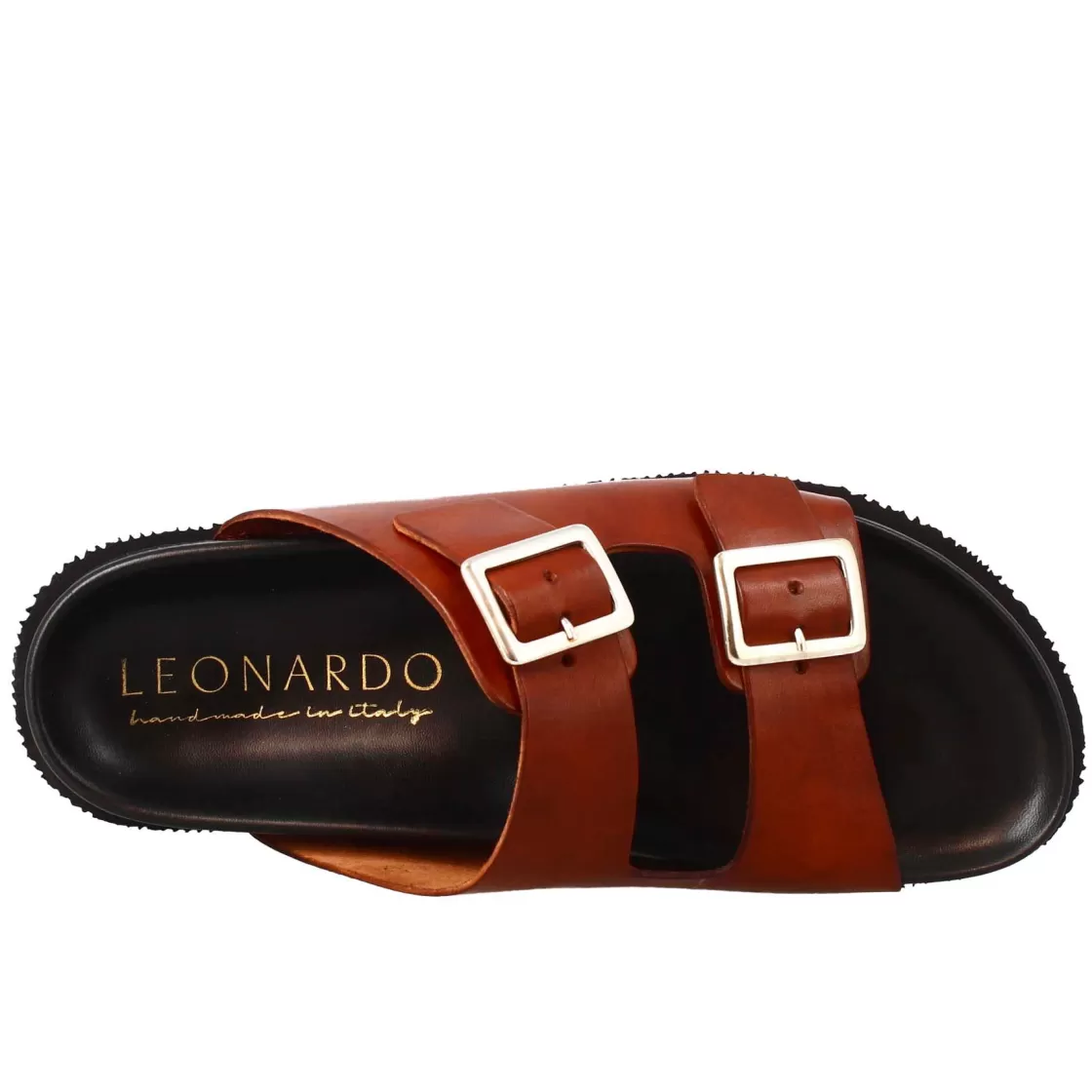 Shop Leonardo Shoes Sandali Doppia Fibbia Da Uomo In Pelle Aperti Dietro Marrone