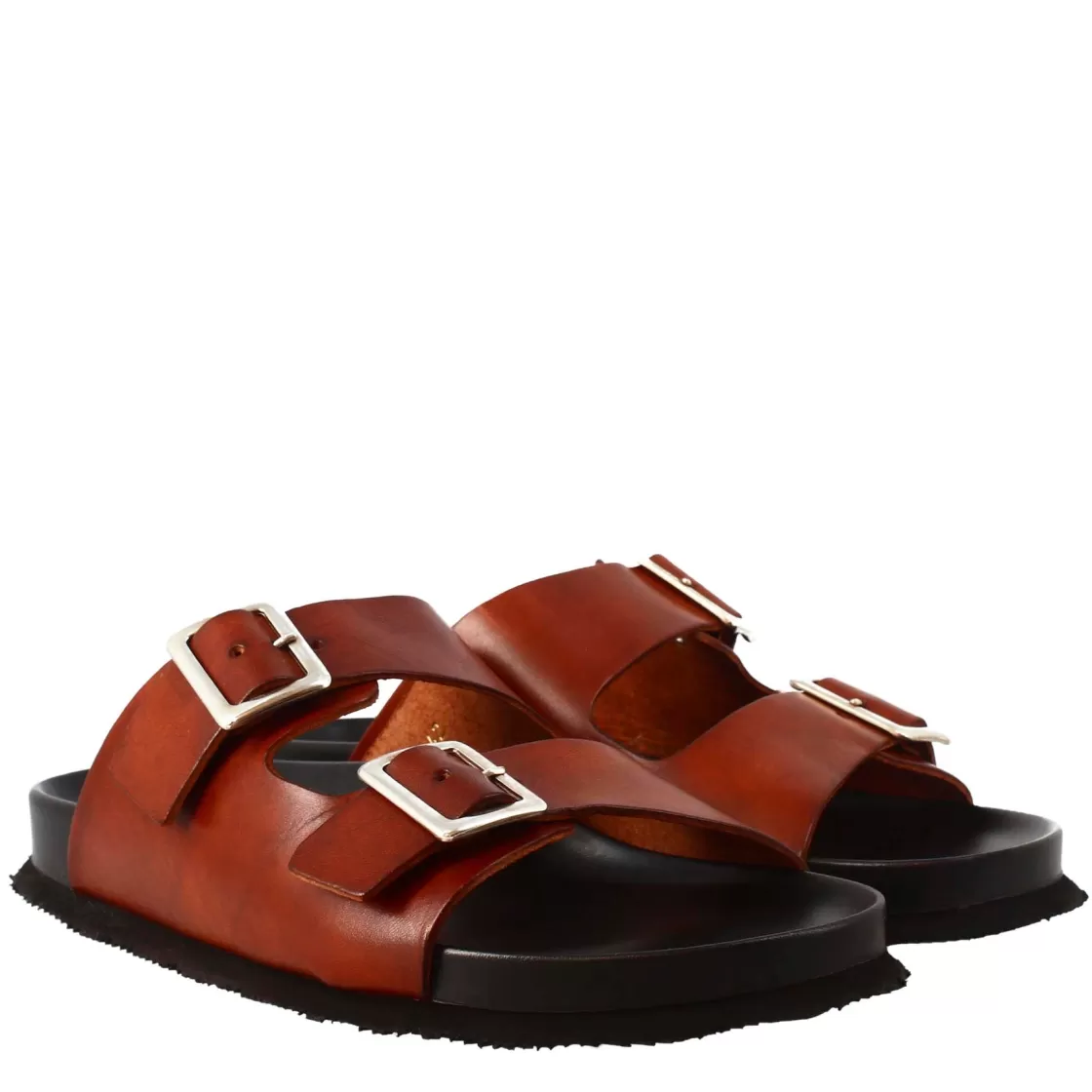 Shop Leonardo Shoes Sandali Doppia Fibbia Da Uomo In Pelle Aperti Dietro Marrone
