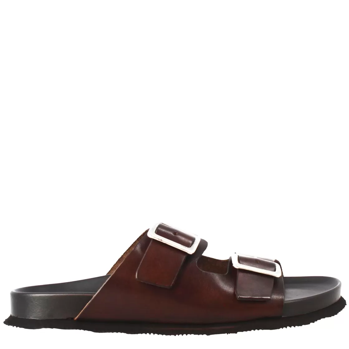 Best Sale Leonardo Shoes Sandali Doppia Fibbia Da Uomo In Pelle Aperti Dietro Marrone Scuro