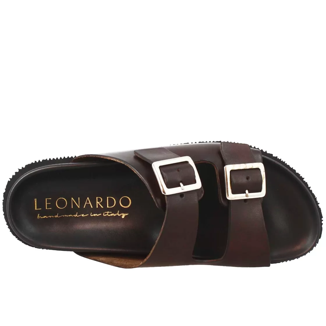Best Sale Leonardo Shoes Sandali Doppia Fibbia Da Uomo In Pelle Aperti Dietro Marrone Scuro