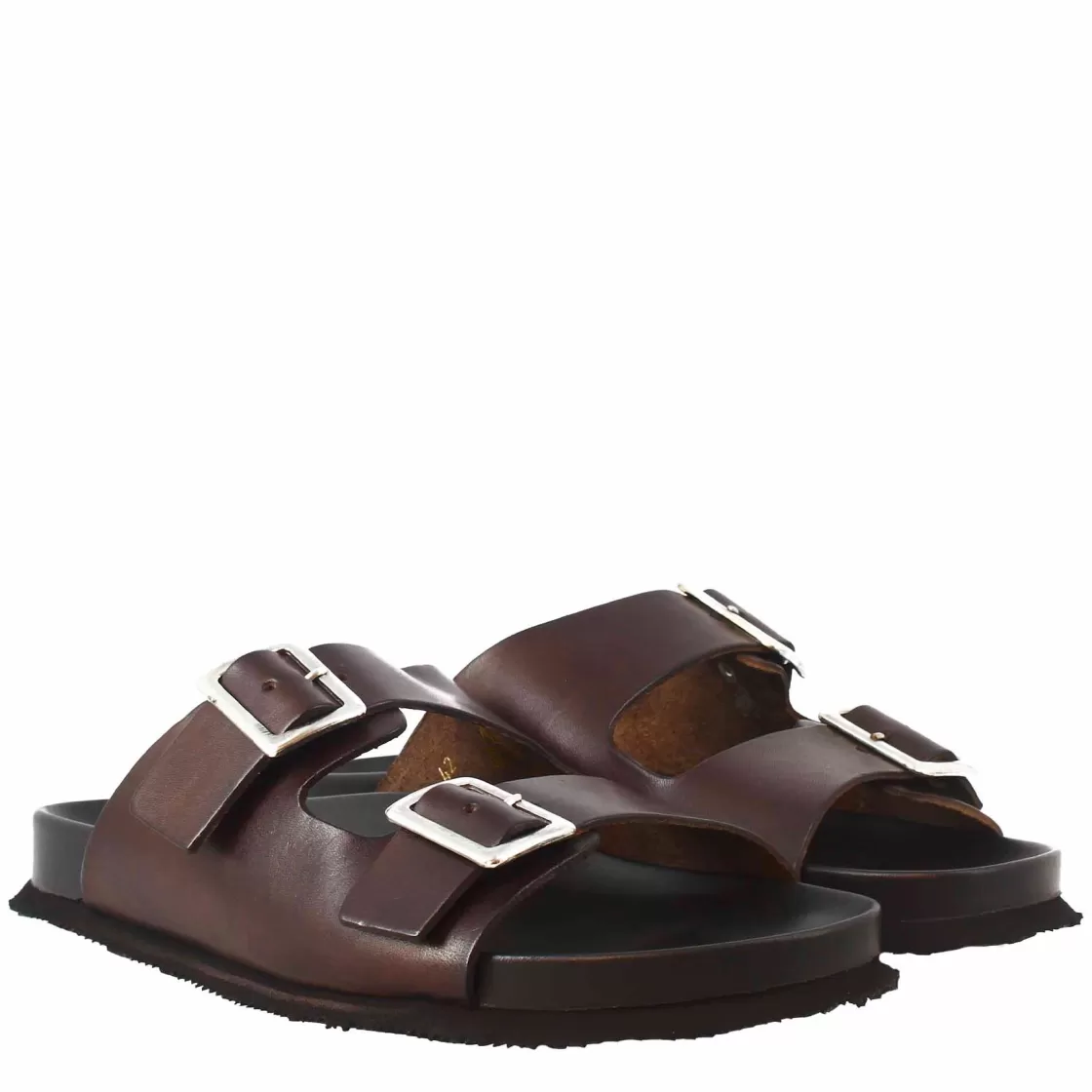 Best Sale Leonardo Shoes Sandali Doppia Fibbia Da Uomo In Pelle Aperti Dietro Marrone Scuro
