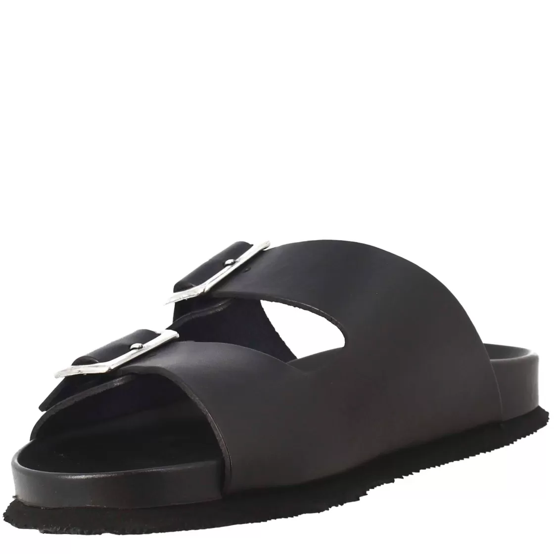 New Leonardo Shoes Sandali Doppia Fibbia Neri Da Uomo In Pelle Aperti Dietro Nero
