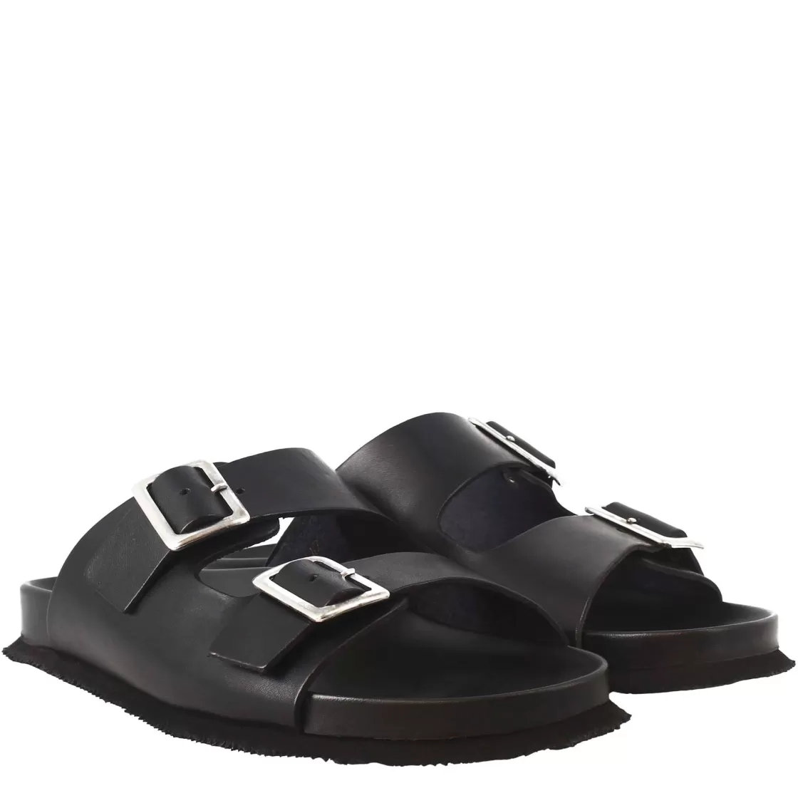 New Leonardo Shoes Sandali Doppia Fibbia Neri Da Uomo In Pelle Aperti Dietro Nero