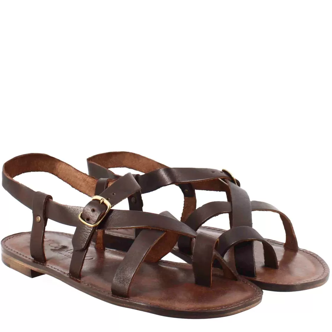 Shop Leonardo Shoes Sandali Rimini Modello Gladiatore Da Uomo In Pelle Color Marrone
