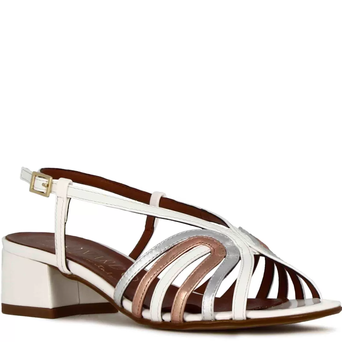 Clearance Leonardo Shoes Sandalo Da Donna Con Fasce In Pelle Laminata Rame E Argento Bianco
