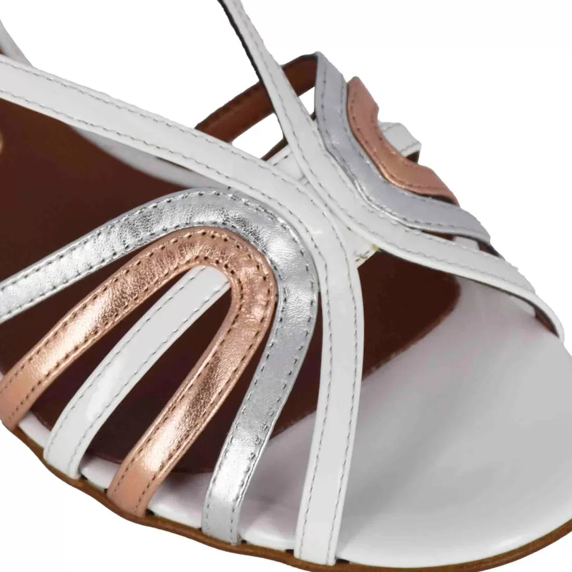 Clearance Leonardo Shoes Sandalo Da Donna Con Fasce In Pelle Laminata Rame E Argento Bianco