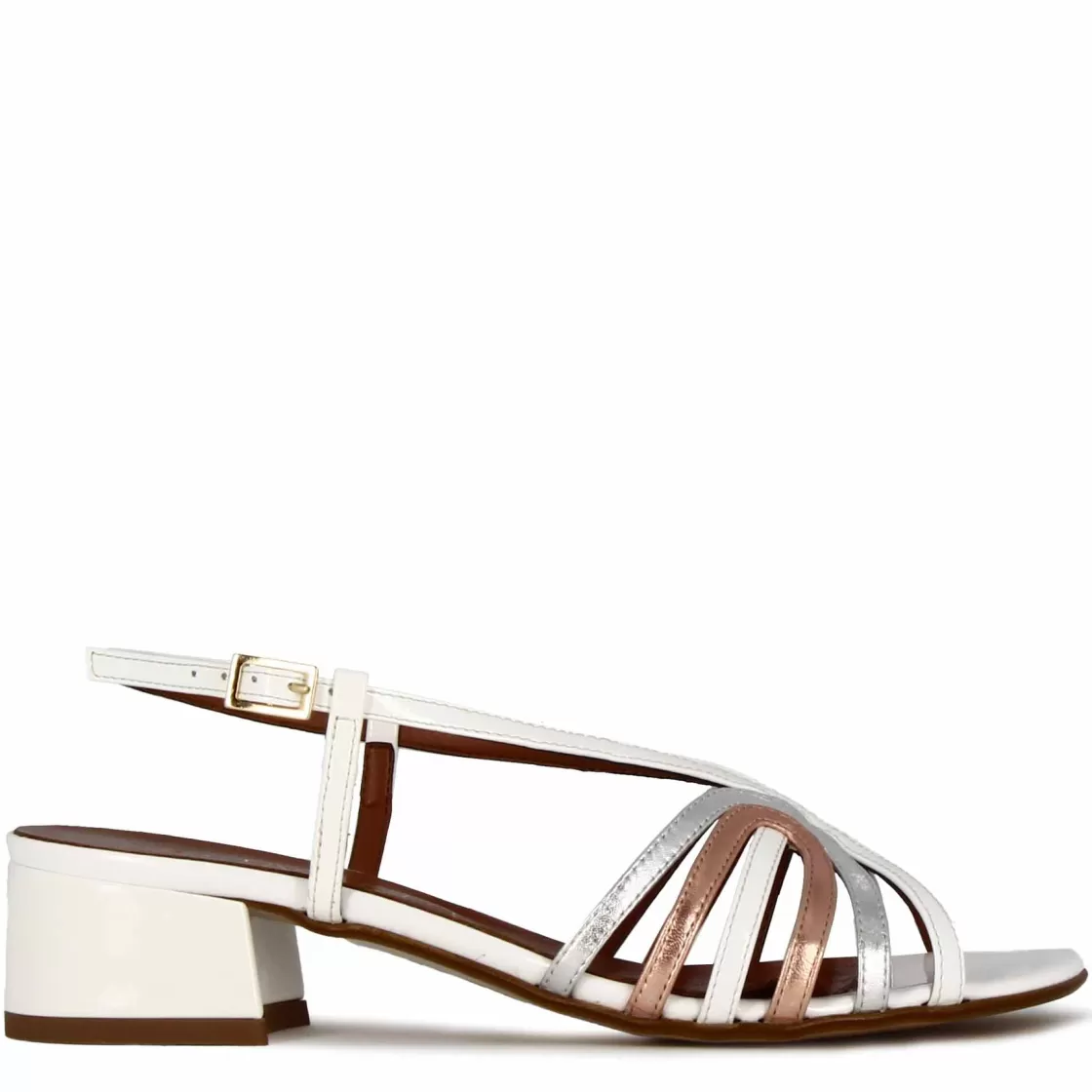 Clearance Leonardo Shoes Sandalo Da Donna Con Fasce In Pelle Laminata Rame E Argento Bianco