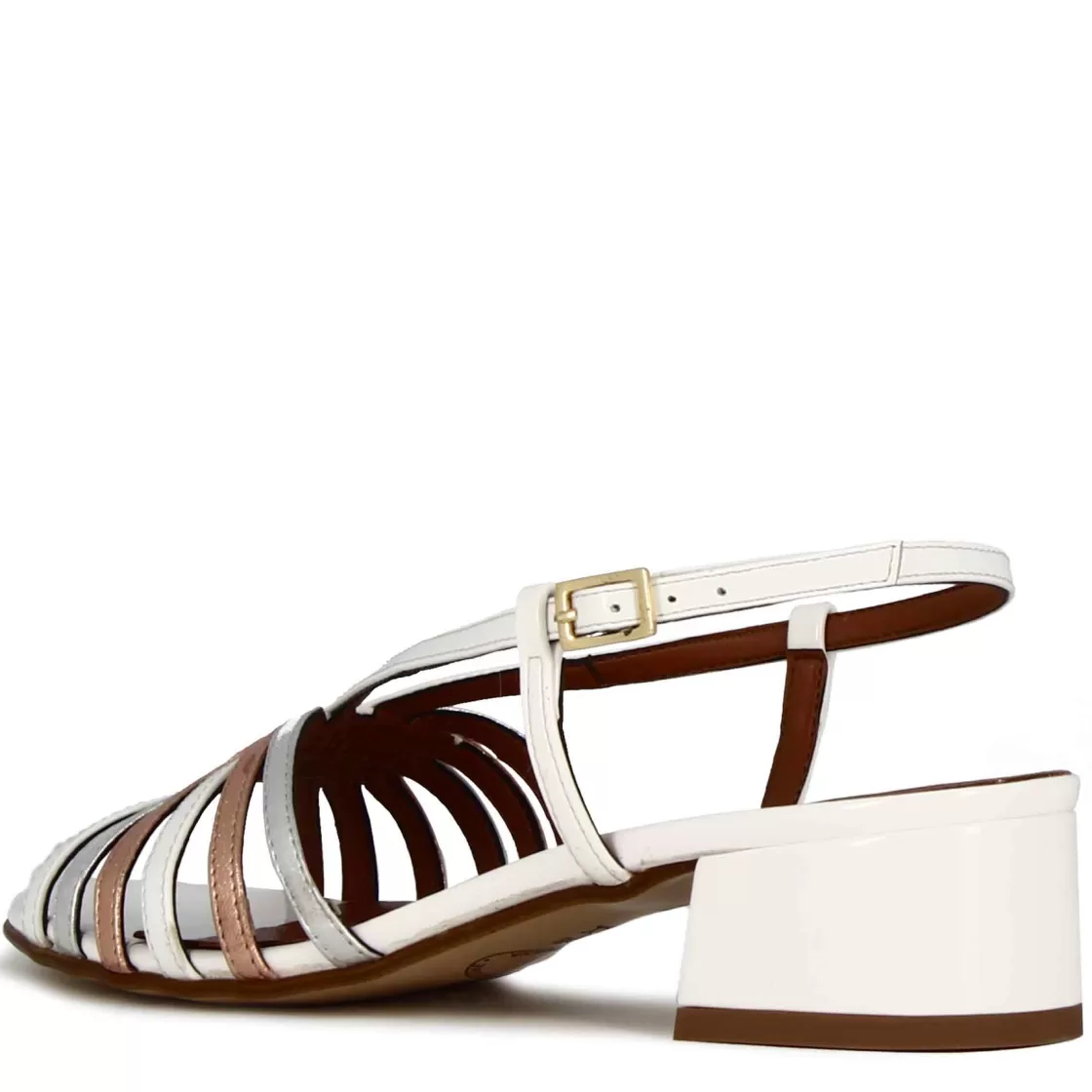 Clearance Leonardo Shoes Sandalo Da Donna Con Fasce In Pelle Laminata Rame E Argento Bianco