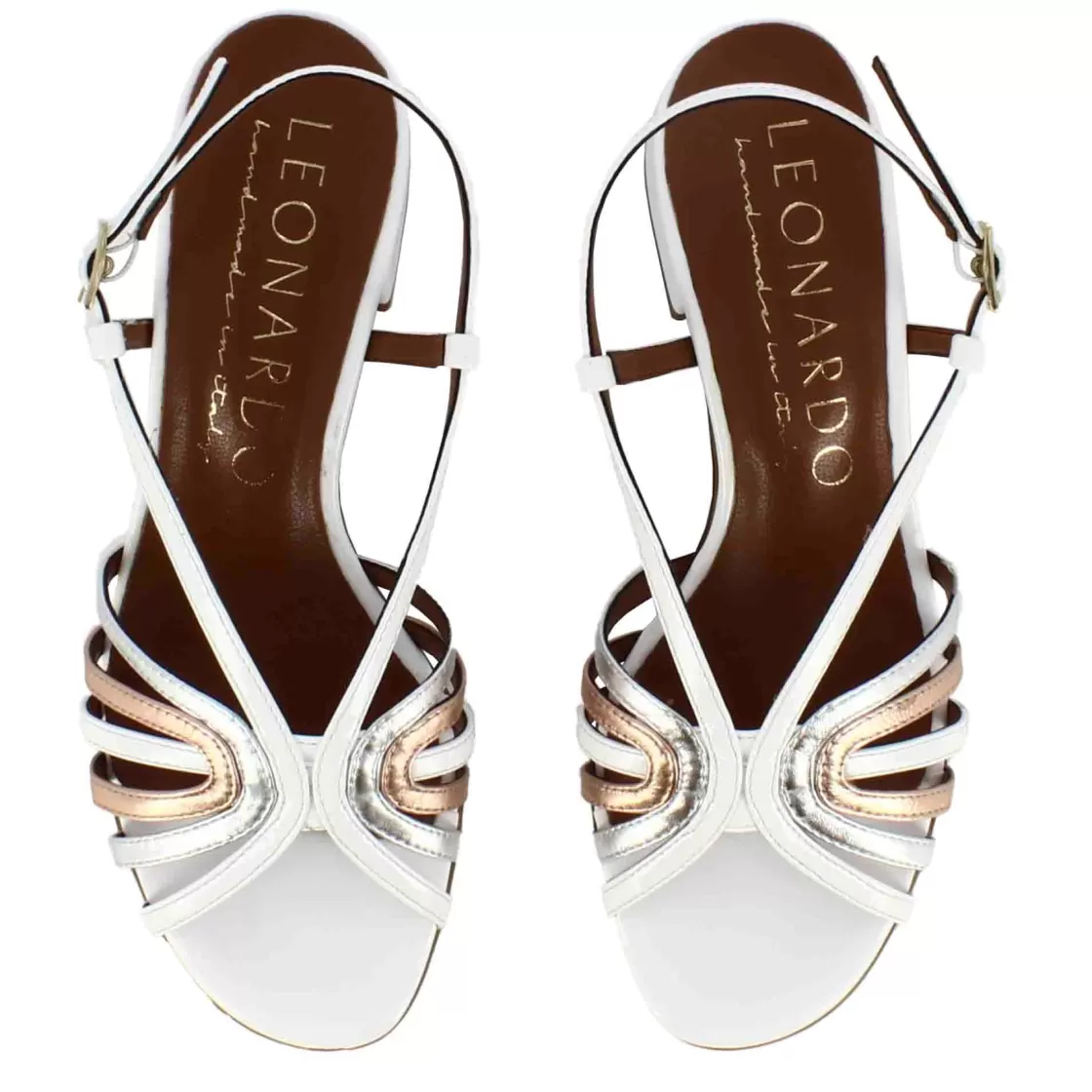 Clearance Leonardo Shoes Sandalo Da Donna Con Fasce In Pelle Laminata Rame E Argento Bianco