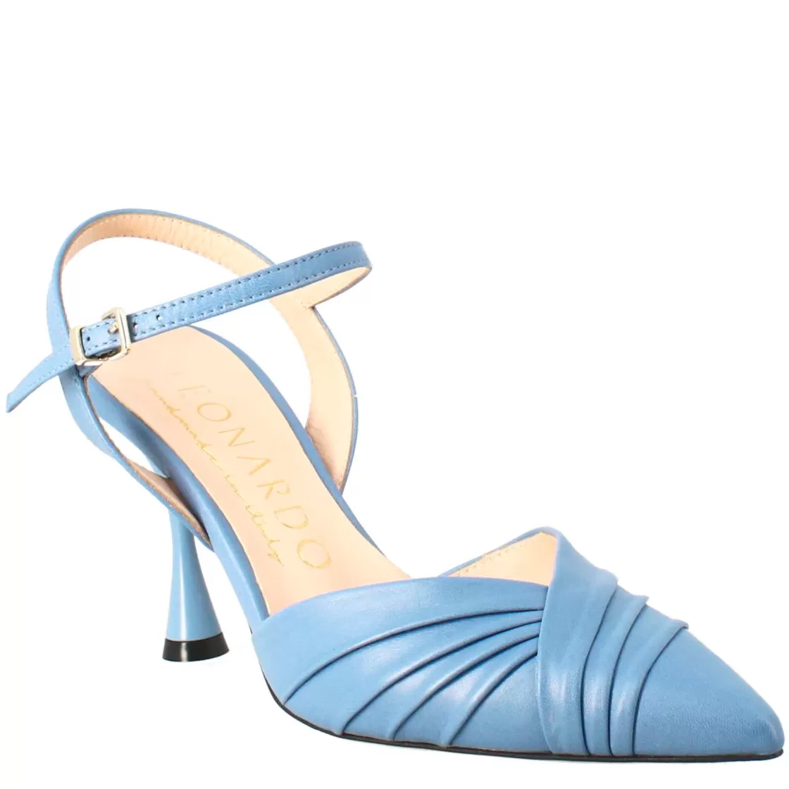 New Leonardo Shoes Sandalo Chiuso Da Donna A Punta In Pelle Plissè Colore Con Tacco Alto Celeste