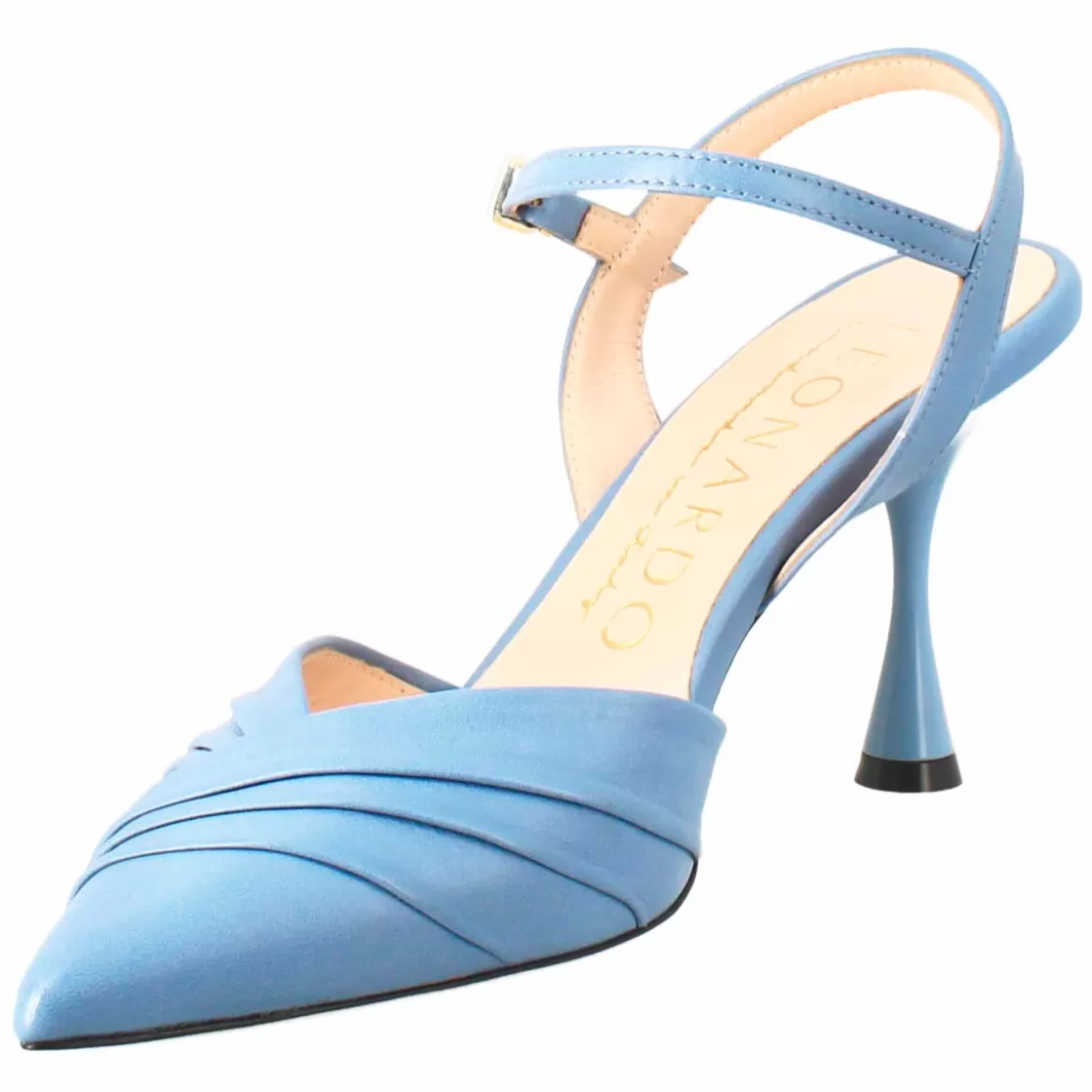 New Leonardo Shoes Sandalo Chiuso Da Donna A Punta In Pelle Plissè Colore Con Tacco Alto Celeste
