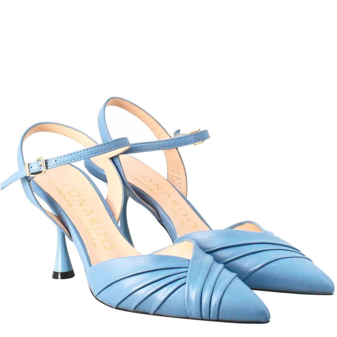 New Leonardo Shoes Sandalo Chiuso Da Donna A Punta In Pelle Plissè Colore Con Tacco Alto Celeste