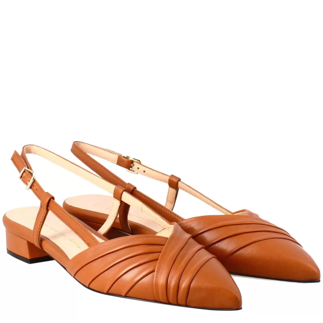 Store Leonardo Shoes Sandalo Chiuso Tacco Medio Da Donna A Punta In Pelle Plissè Colore Marrone