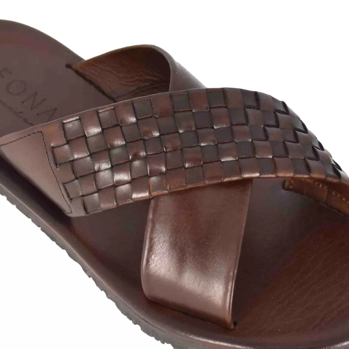 Store Leonardo Shoes Sandalo Ciabatte A Doppia Fascia Da Uomo In Pelle Colore Fatte A Mano Marrone