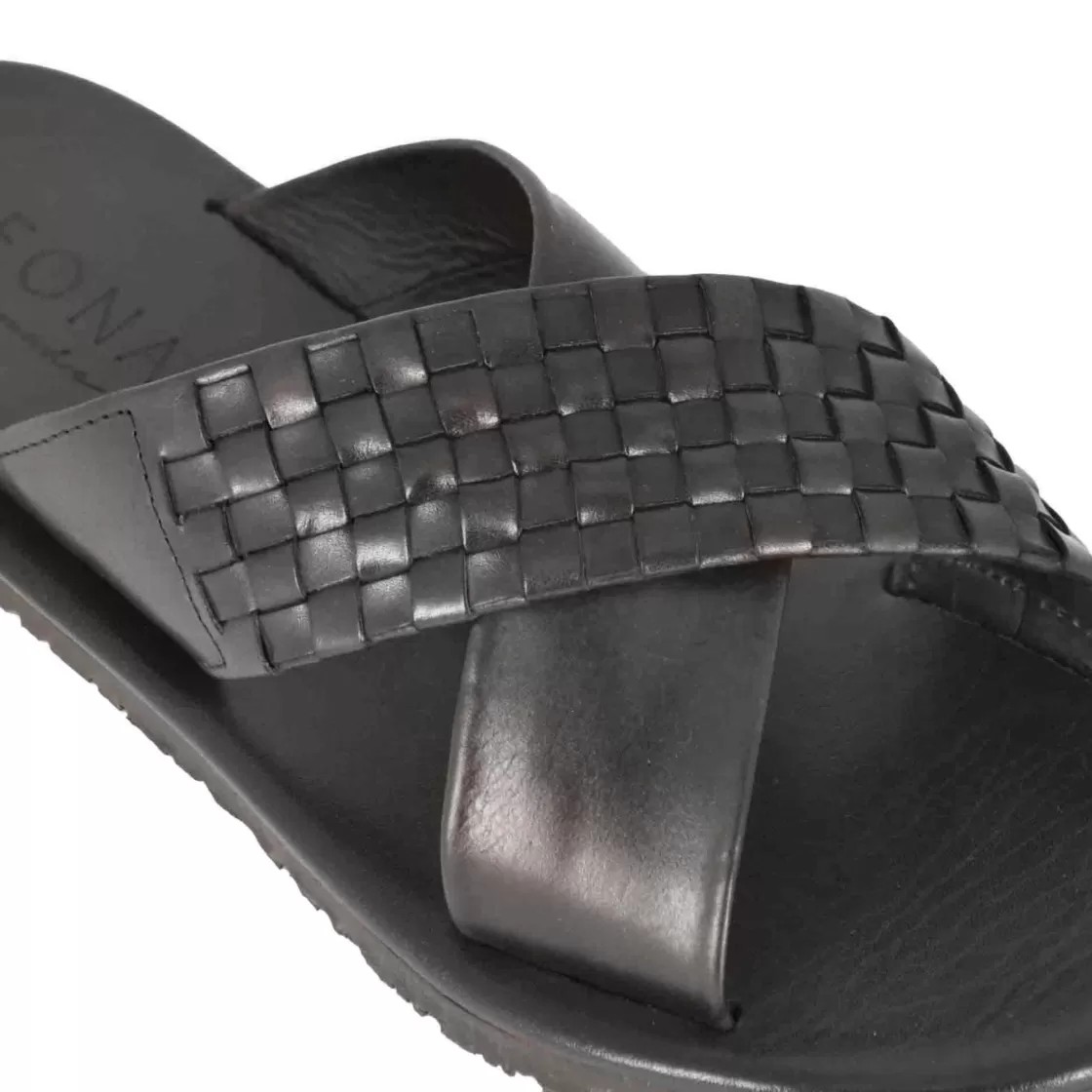 Discount Leonardo Shoes Sandalo Ciabatte A Doppia Fascia Da Uomo In Pelle Colore Fatte A Mano Nero
