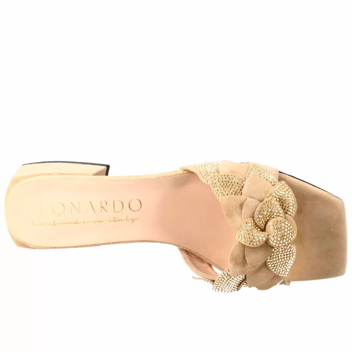 Store Leonardo Shoes Sandalo Da Donna A Forma Squadrata In Pelle Scamosciata Con Glitter Beige