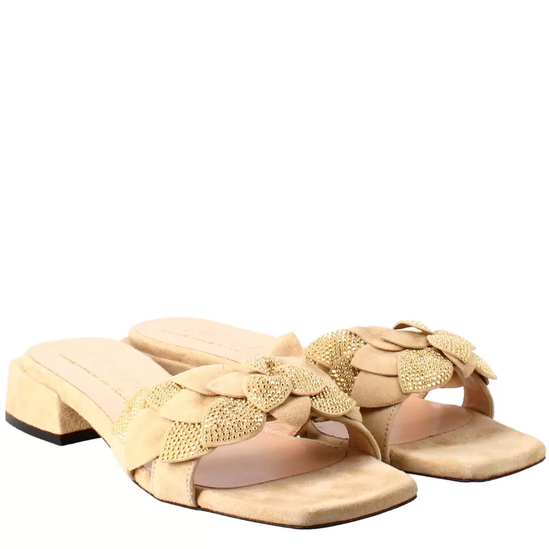 Store Leonardo Shoes Sandalo Da Donna A Forma Squadrata In Pelle Scamosciata Con Glitter Beige