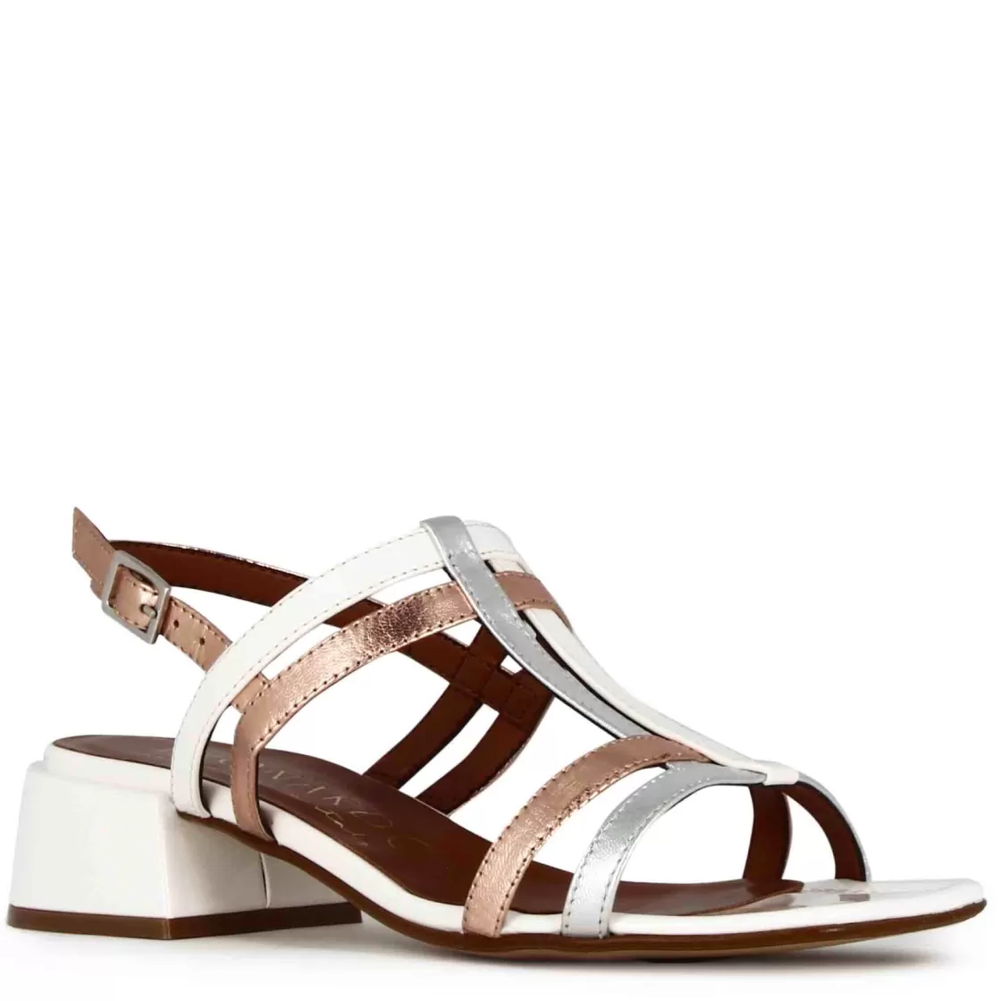 Clearance Leonardo Shoes Sandalo Da Donna Con Fasce In Pelle Verniciata Colore E Argento Bianco