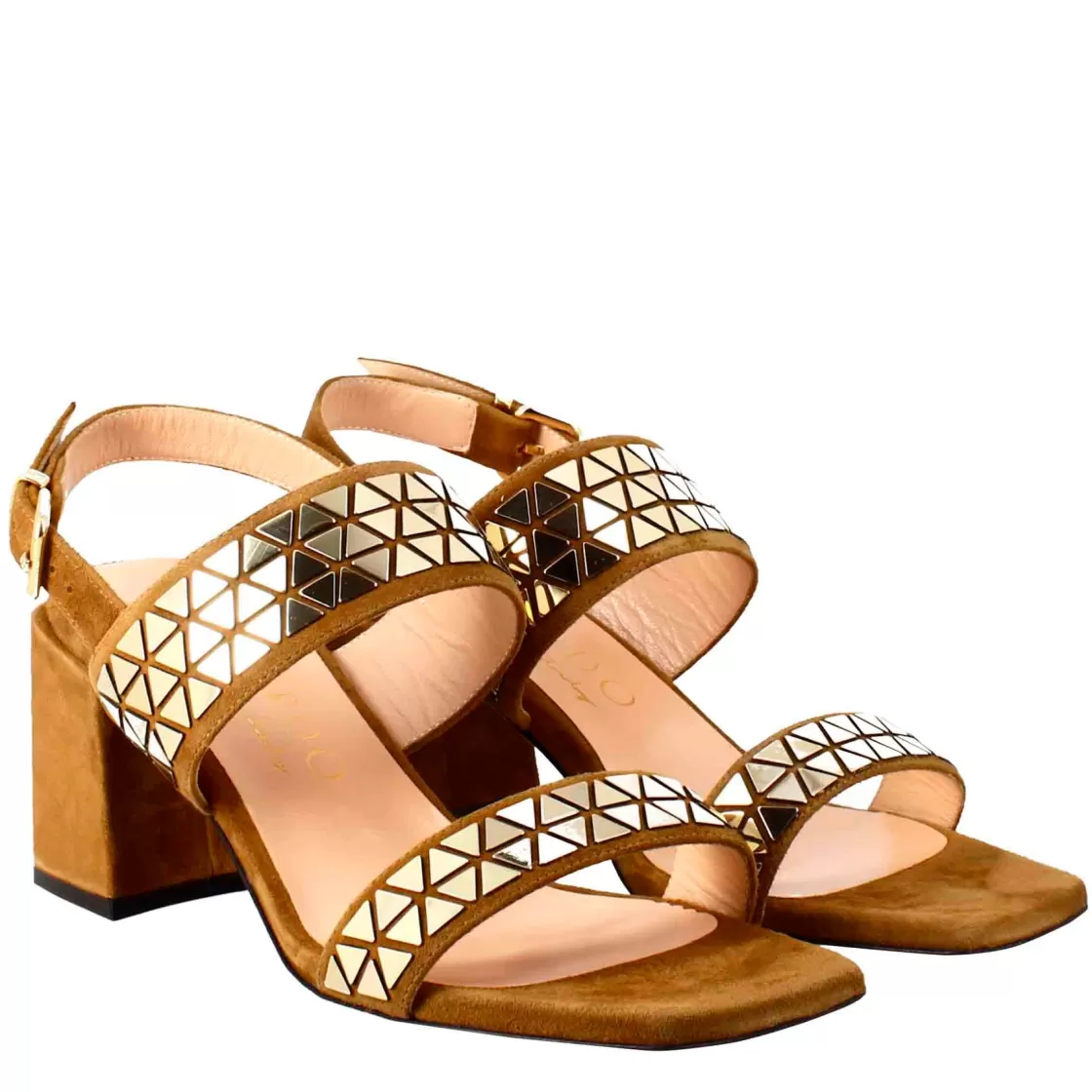 Fashion Leonardo Shoes Sandalo Da Donna In Pelle Scamosciata Con Glitter Applicati Marrone
