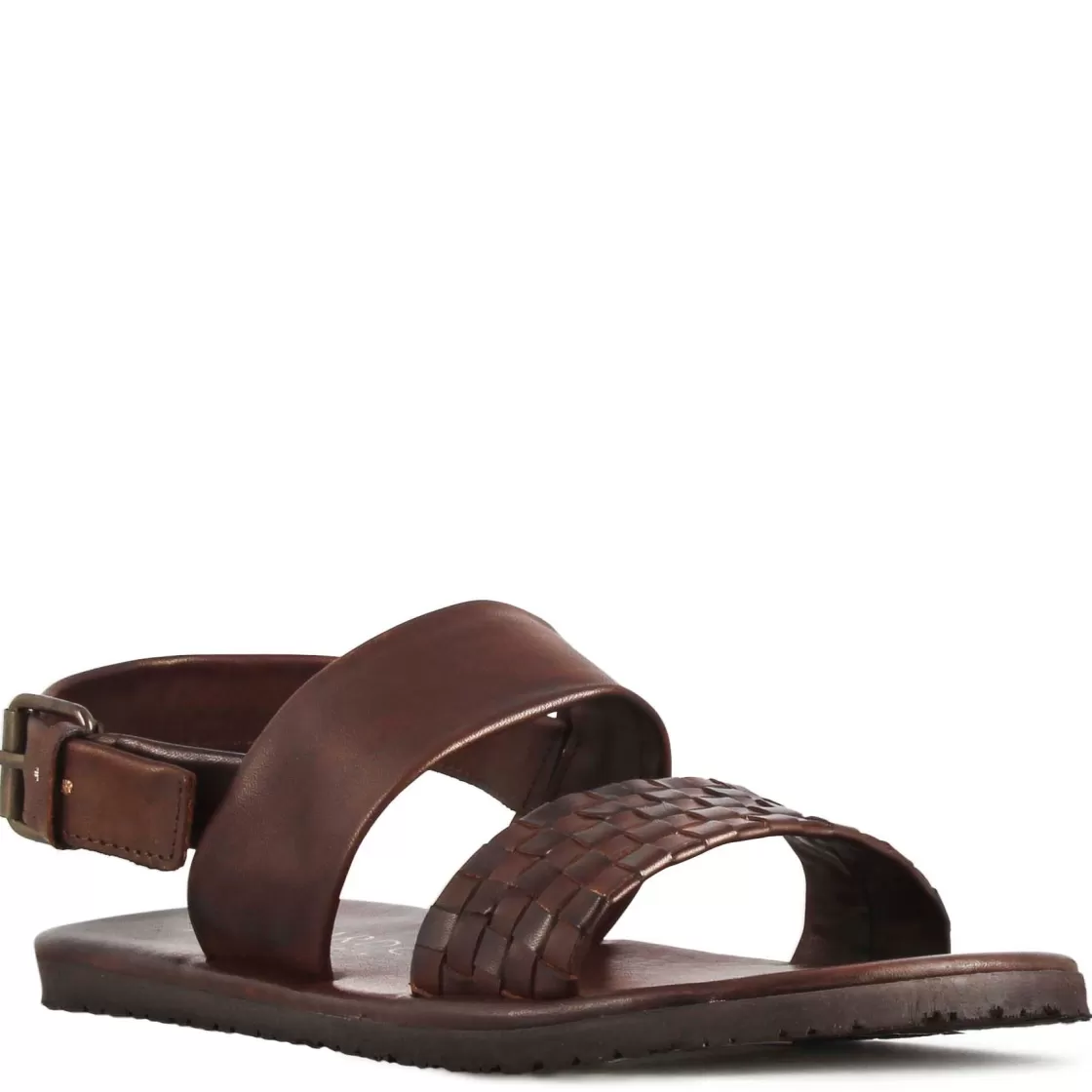 Best Sale Leonardo Shoes Sandalo Da Uomo Con Fibbia In Pelle Semi-intrecciata Colore Marrone
