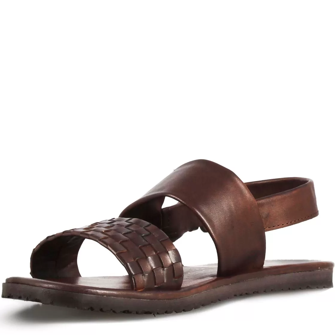 Best Sale Leonardo Shoes Sandalo Da Uomo Con Fibbia In Pelle Semi-intrecciata Colore Marrone