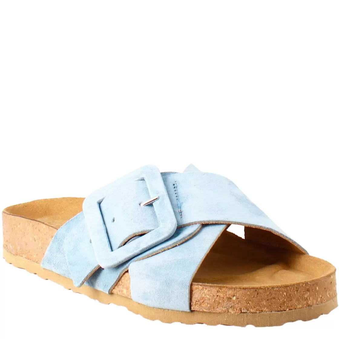 Clearance Leonardo Shoes Sandalo Doppia Fascia E Fibbia Da Donna In Pelle Scamosciata Celeste