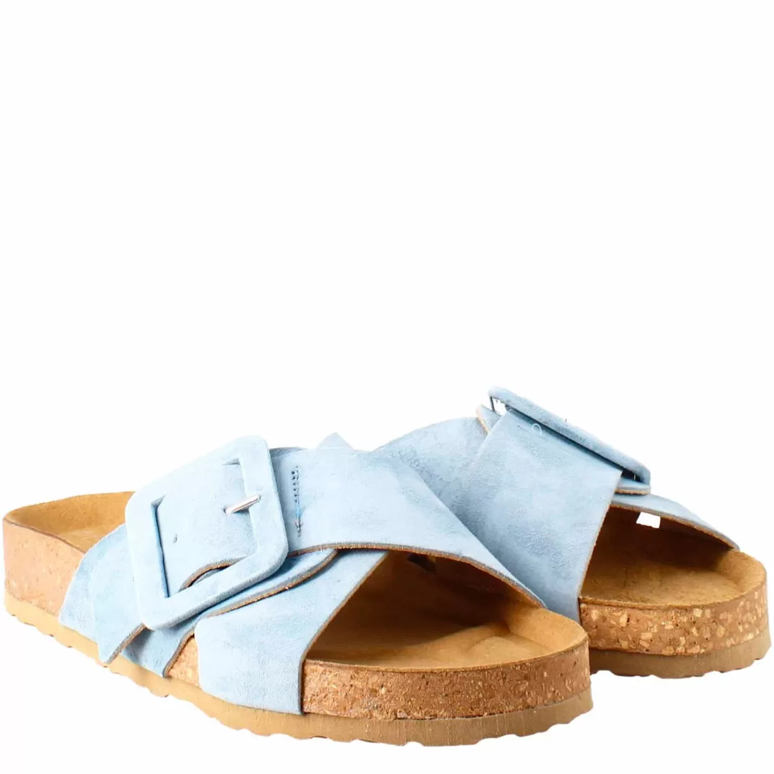 Clearance Leonardo Shoes Sandalo Doppia Fascia E Fibbia Da Donna In Pelle Scamosciata Celeste