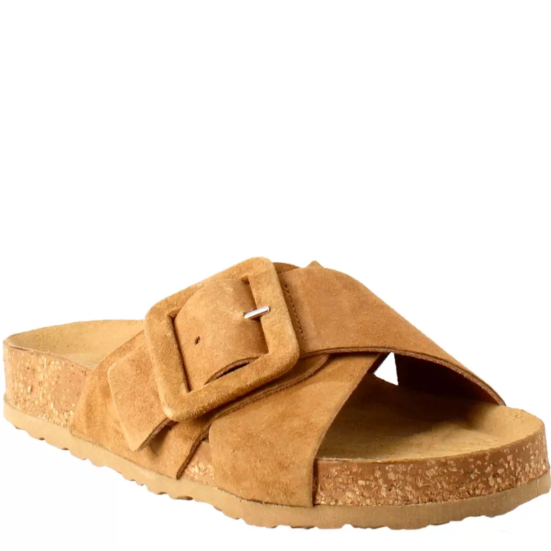 Clearance Leonardo Shoes Sandalo Doppia Fascia E Fibbia Da Donna In Pelle Scamosciata Marrone