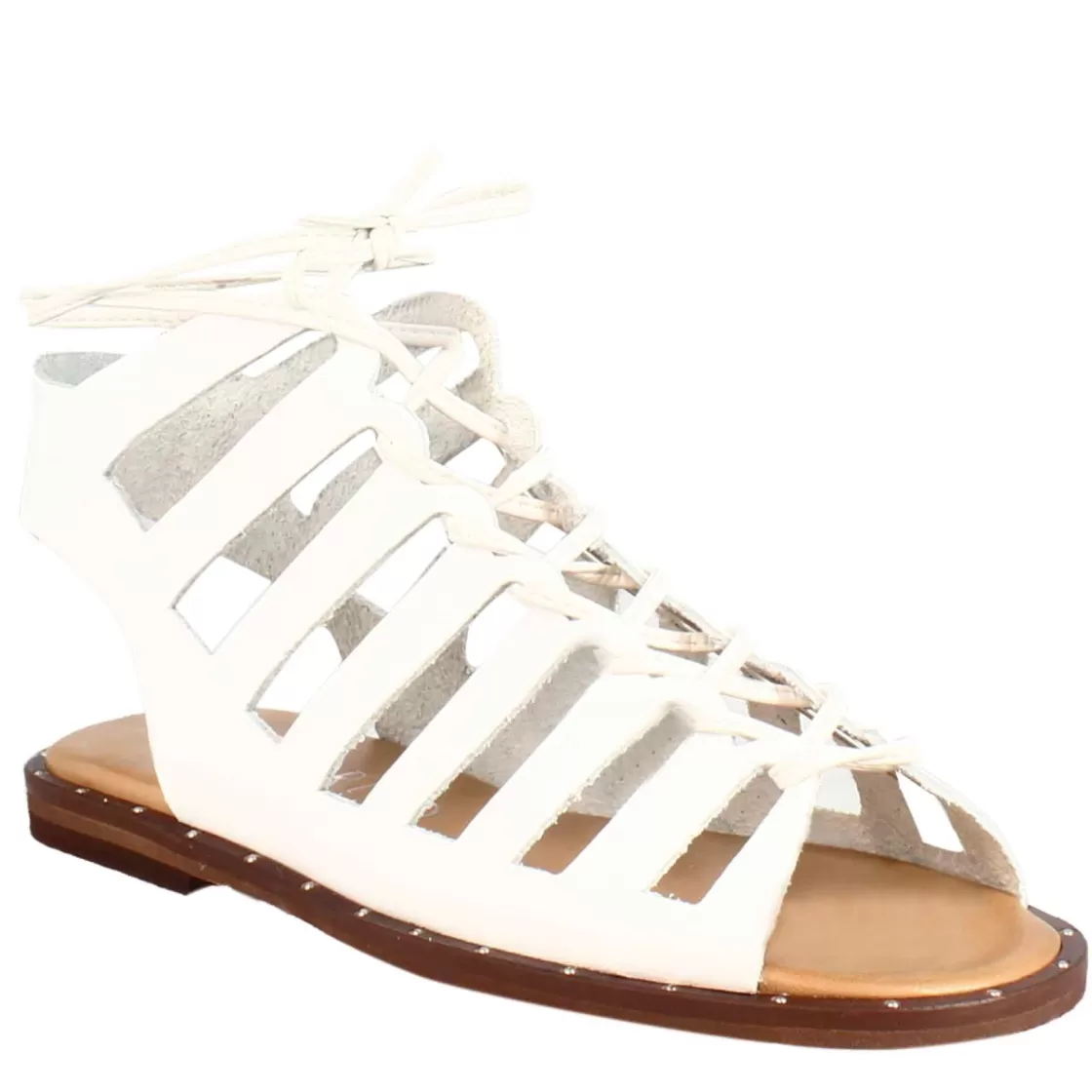 Fashion Leonardo Shoes Sandalo Gladiatore Da Donna Con Lacci Fatti A Mano In Pelle Bianca Bianco