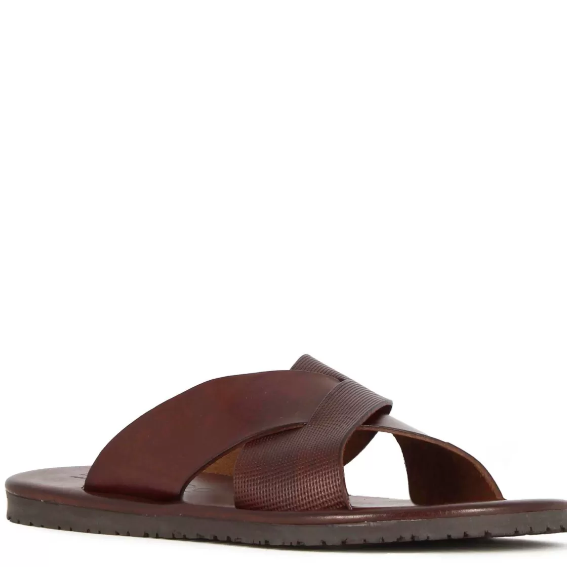 Fashion Leonardo Shoes Sandalo Slider Con Fasce Incrociate Da Uomo In Pelle Colore Marrone