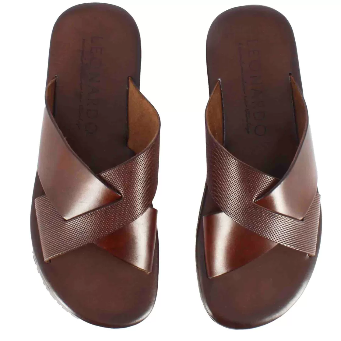 Fashion Leonardo Shoes Sandalo Slider Con Fasce Incrociate Da Uomo In Pelle Colore Marrone