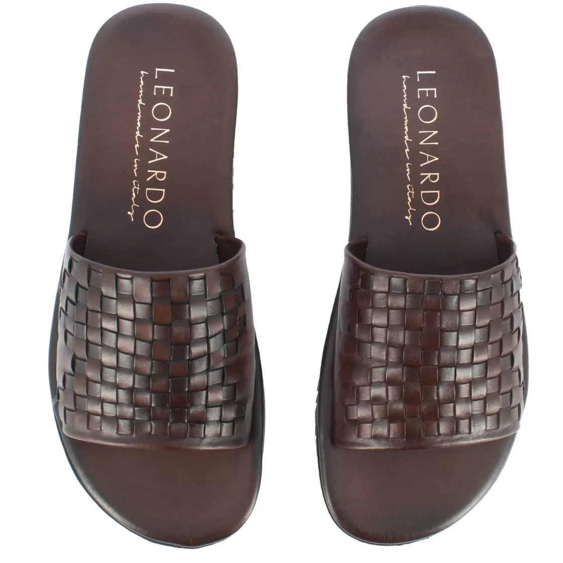 Flash Sale Leonardo Shoes Sandalo Slider Da Uomo Con Fascia In Pelle Intrecciata Colore Marrone