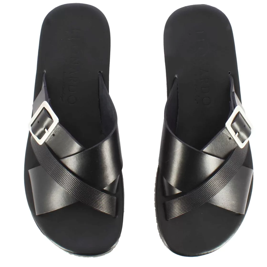 Outlet Leonardo Shoes Sandalo Slider Da Uomo In Pelle Colore Con Fibbia Nero